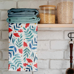 Magical garden - red and turquoise tea towel