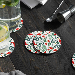 Magical garden watercolor flowers in red and green round paper coaster