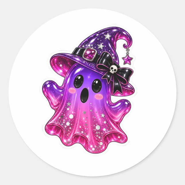 Magical Ghost Wearing Witch's Hat Vinyl  Classic Round Sticker (Front)