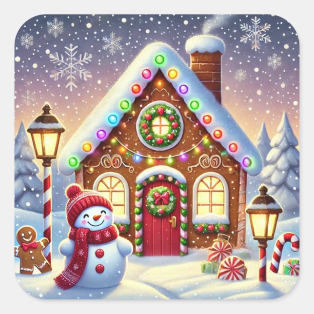 Magical Gingerbread Wonderland: Festive Snowman an Square Sticker (Front)