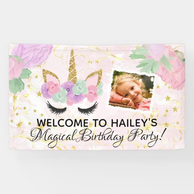 Magical Girls Photo Unicorn Birthday Party Banner (Horizontal)