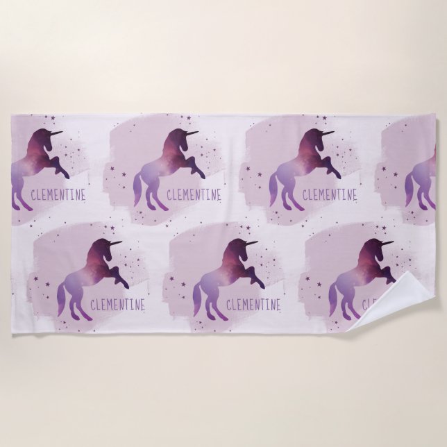 Magical girly pink and purple galaxy unicorn beach towel (Front)
