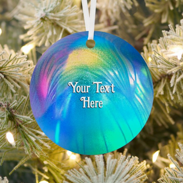Magical Glass Orb in peacock shades optional text Metal Tree Decoration (Insitu)