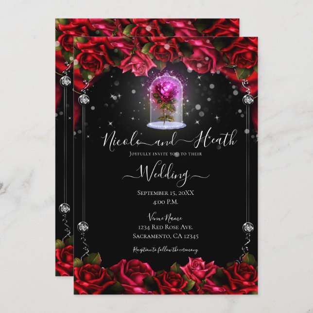Magical Glow Red Rose Silver Black Wedding Invitation (Front/Back)