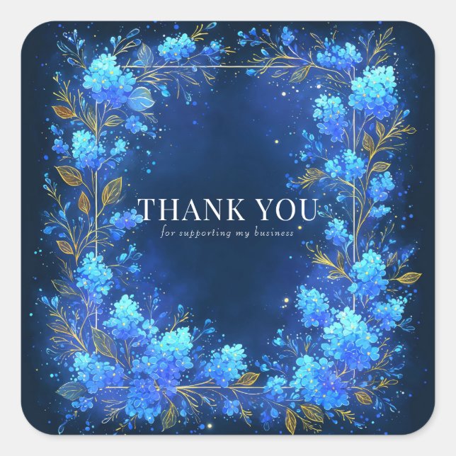 Magical Glowing Blue Floral Gold Sparkle Celestial Square Sticker (Front)