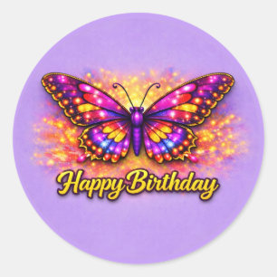 Magical Gold and Purple Happy Birthday Butterfly Classic Round Sticker