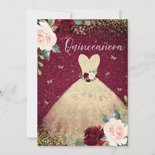 Magical Gold Dress Burgundy Red Floral Quinceanera Invitation (Front)