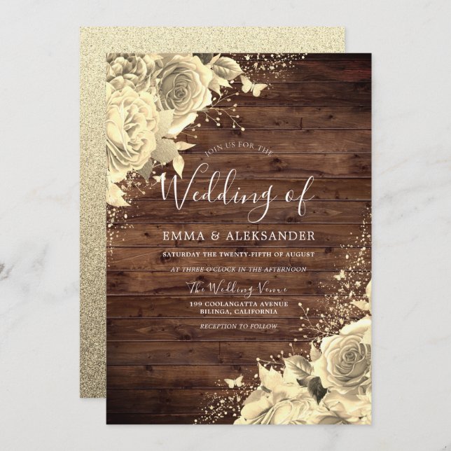 Magical Gold Flowers with Glitter Rustic Wedding Invitation (Front/Back)