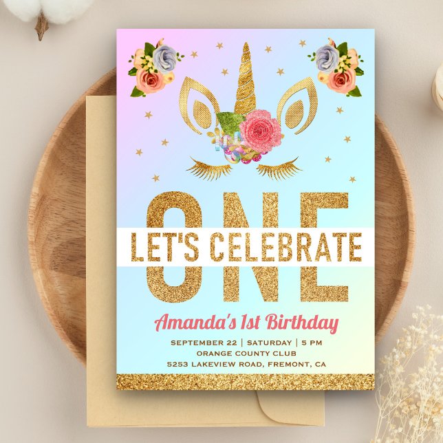 Magical Gold Glitter Unicorn 1st Birthday Party Invitation (Creator Uploaded)