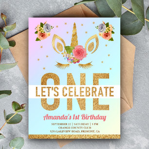 Magical Gold Glitter Unicorn 1st Birthday Party Invitation Postcard