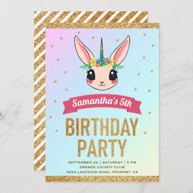 Magical Gold Glitter Unicorn Bunny Birthday Invitation (Front/Back)