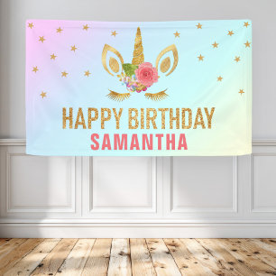 Magical Gold Glitter Unicorn Face Birthday Party Banner