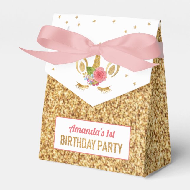 Magical Gold Glitter Unicorn Face Birthday Party Favour Box (Front Side)