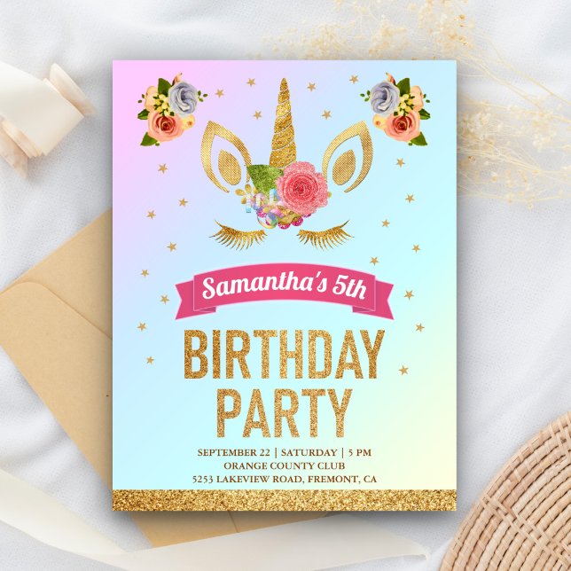 Magical Gold Glitter Unicorn Face Birthday Party Invitation Postcard (Creator Uploaded)