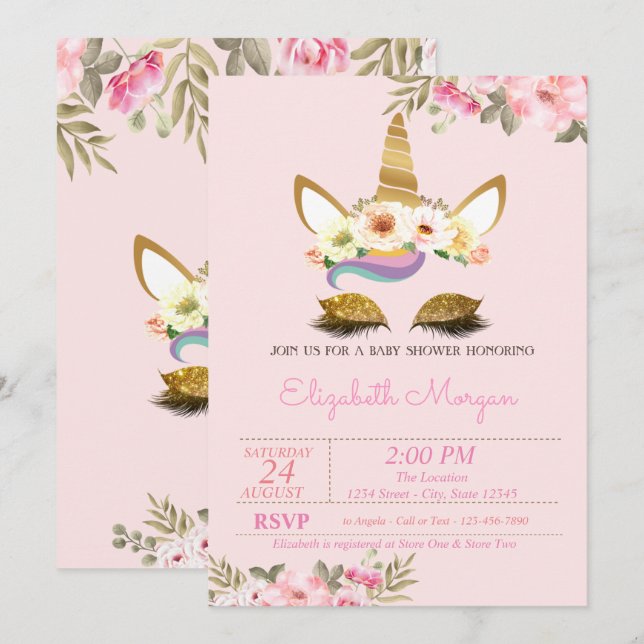 Magical Gold Glitter Unicorn  Floral Baby Shower Invitation (Front/Back)