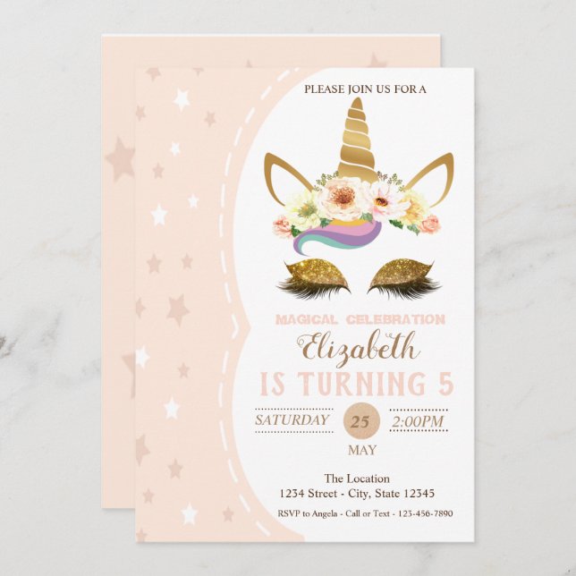 Magical Gold Glitter Unicorn, Stars Birthday Invitation (Front/Back)