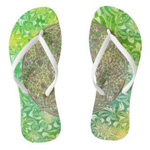 Magical Gold Mandala on Green Floral Jandals