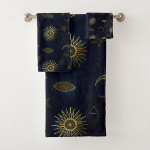 Magical Gold Moon Sun Stars Dark Blue pattern Bath Towel Set