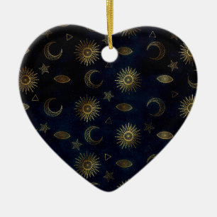 Magical Gold Moon Sun Stars Dark Blue pattern Ceramic Tree Decoration