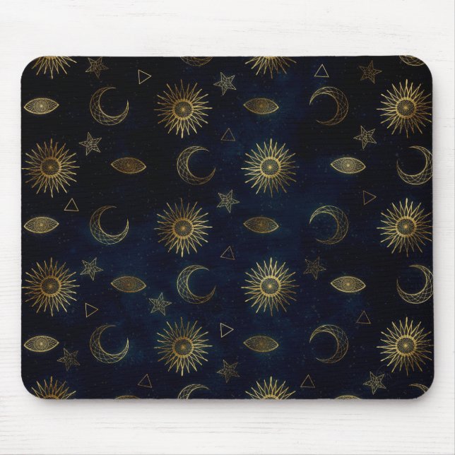 Magical Gold Moon Sun Stars Dark Blue pattern Mouse Pad (Front)