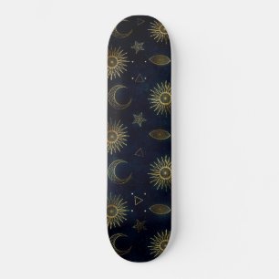 Magical Gold Moon Sun Stars Dark Blue pattern Skateboard