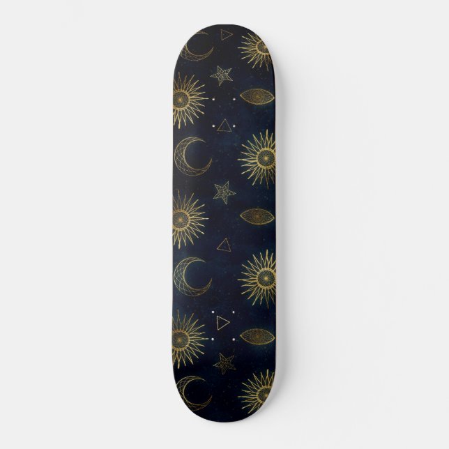 Magical Gold Moon Sun Stars Dark Blue pattern Skateboard (Front)