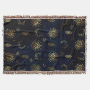 Magical Gold Moon Sun Stars Dark Blue pattern Throw Blanket