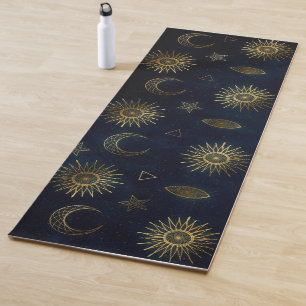Magical Gold Moon Sun Stars Dark Blue pattern Yoga Mat
