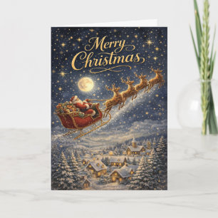 Magical Gold Santa Night Sky Merry Christmas Holiday Card