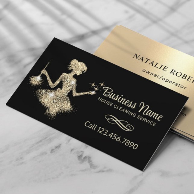Magical Gold Sparkles Maid House Cleaning Service Business Card (Creator Uploaded)