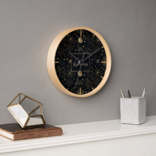 Magical Gold Sun Moon Planets Galaxy Doodling Art Clock