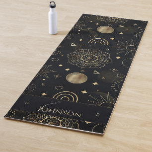 Magical Gold Sun Moon Planets Galaxy Doodling Art Yoga Mat