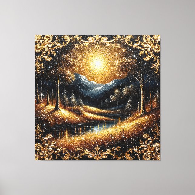 Magical Golden Forest with Sunlit Mountains Canvas Print (Front)