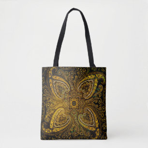 Magical Golden Paisley on Black Background Tote Bag
