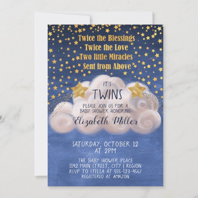Magical Golden Stars Navy Blue Twins Baby Shower I Invitation (Front)