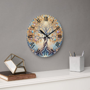 Magical Golden Tree Crystal Gems Spiritual Large Clock