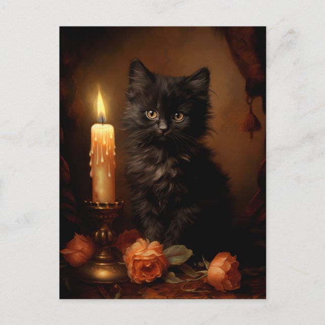Magical Gothic Black Kitten - Vintage Oil Painting Postcard (Front)