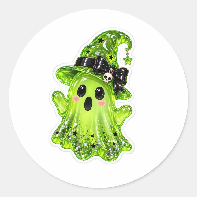 Magical Green Slime Ghost Wearing Witch Hat  Classic Round Sticker (Front)