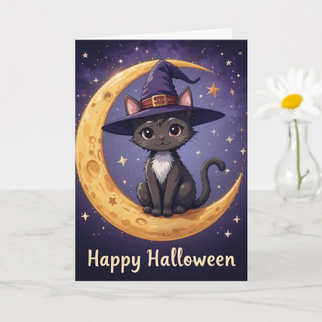 Magical Halloween Black Cat Witch Hat an Moonlight Card (Small Plant)