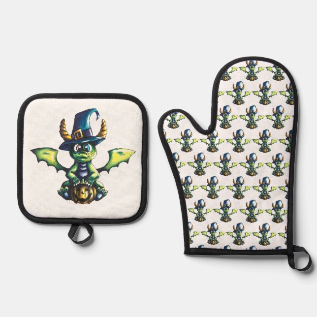 Magical Halloween Dragon Design Oven Mitt & Pot Holder Set (Front)