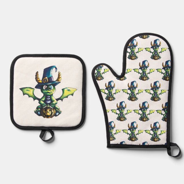 Magical Halloween Dragon Design Oven Mitt & Pot Holder Set (Front)