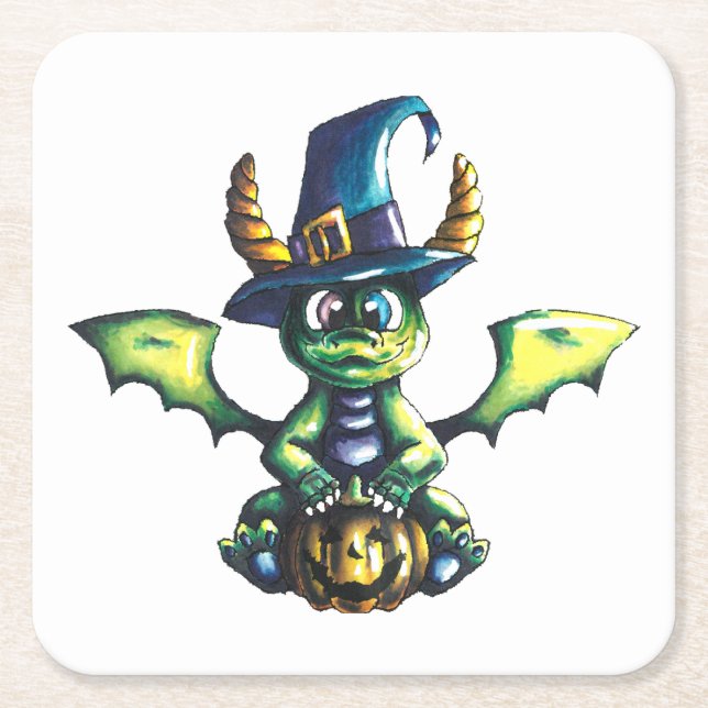 Magical Halloween Dragon Design Square Paper Coaster (Front)