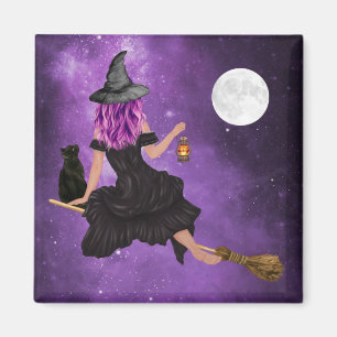 Magical Halloween Flying Witch Full Moon Magnet