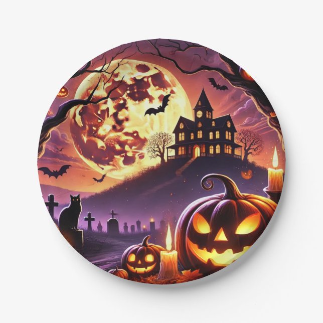 Magical Halloween Night Scene🎃🎃🎃🎃 Paper Plate (Front)