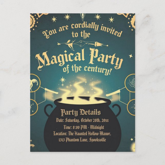 Magical Halloween Party Invitation Caldron Design Postcard (Front)