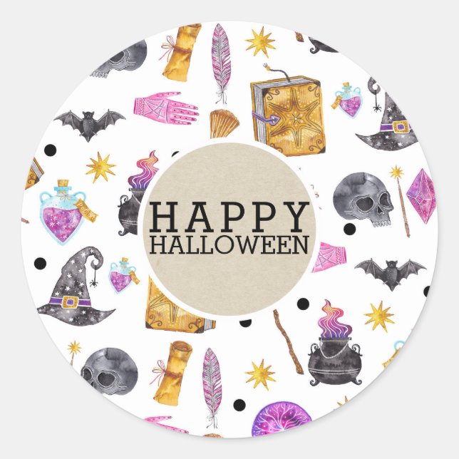 Magical Halloween Watercolor Whimsical Kraft Party Classic Round Sticker (Front)
