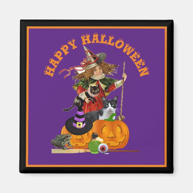 Magical Halloween with Witch Cats Purple Holiday Magnet (Front)