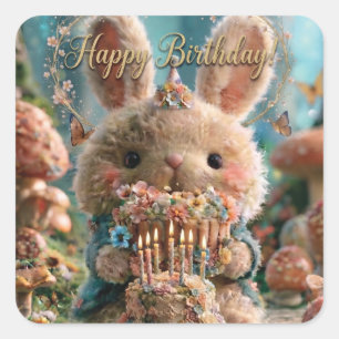 Magical Happy Birthday Greeting with a Bunny Square Sticker