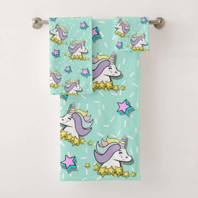 Magical Happy Unicorn And Stars Bath Towel Set (Insitu)