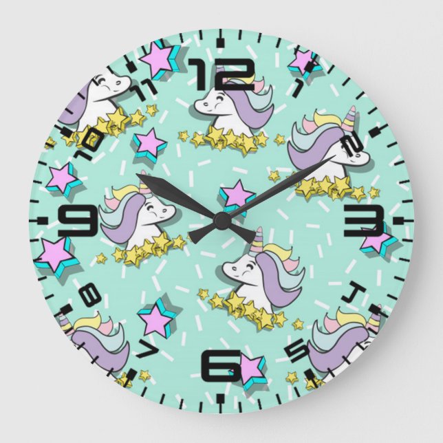 Magical Happy Unicorn And Stars Large Clock (Front)
